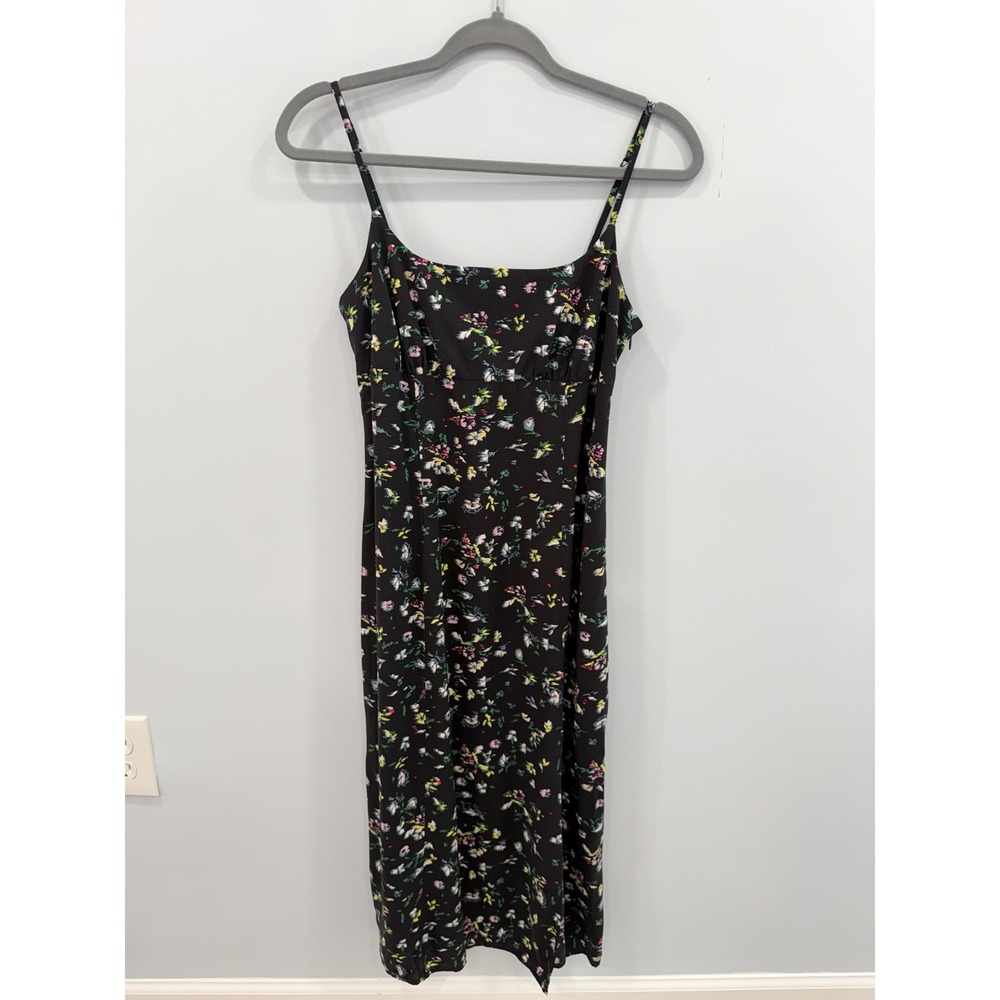 Uniqlo Small Black Floral Midi Dress Ruched Back Spaghetti Strap Romantic